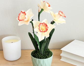 Hand-Painted Crepe Paper Daffodils Potted Plant, Light Yellow and Orange Blooms, Spring Decor, Mothers Day and Anniversary Gift