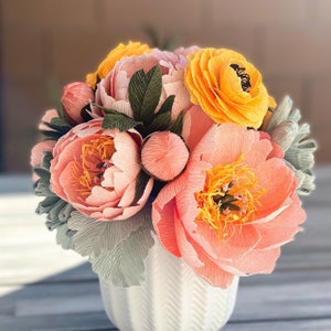 Coral Peonies Paper Flower bouquet, with Ranunculus and Succulents,  Paper Anniversary or Mother's Day Gift