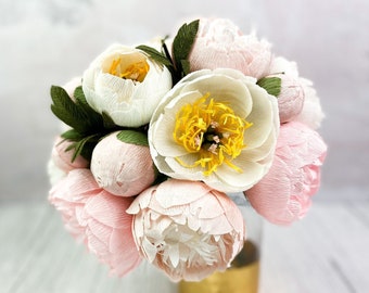 Crepe Paper Flowers, Blush Pink and White Peony Bouquet, Bridal Bouquet, Paper Anniversary or Mothers Day Gift