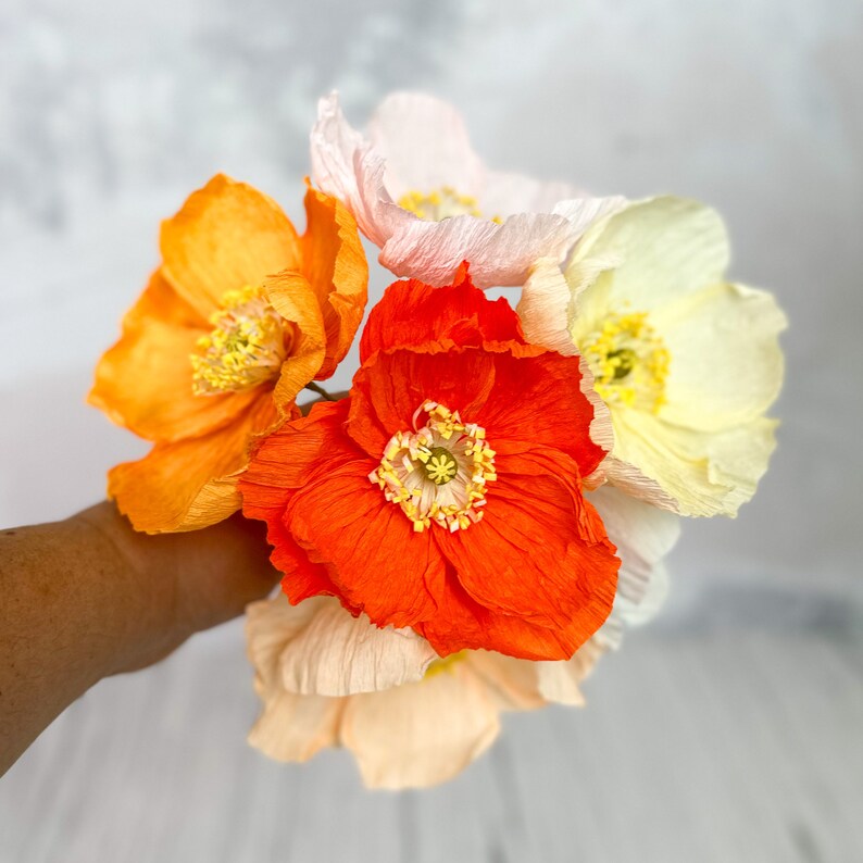 K&ouml;nnte beinhalten: Ein Strau&szlig; aus f&uuml;nf Papiermohnblumen in Orange-, Wei&szlig;- und Rott&ouml;nen. Die Blumen sind aus Seidenpapier gefertigt und haben eine zarte, gekr&auml;uselte Textur.