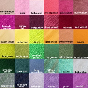 May include: A color chart with 48 different shades of paint, including white, ivory, peach, pink, baby pink, sweet peach, dusty plum, burgundy, dragon fruit, marsala, red velvet, french vanilla, buttercup, daisy, goldenrod, pinky-orange, orange, lime green, bright moss, summer green, ivy green, olive green, forest green, amazon green, dark teal, blue porcelain, tiffany green, azure, baby blue, hazelwood, midnight blue, lavender, violet, plum, orchid, yellow earth, brown, cement, thunderstorm, and black.