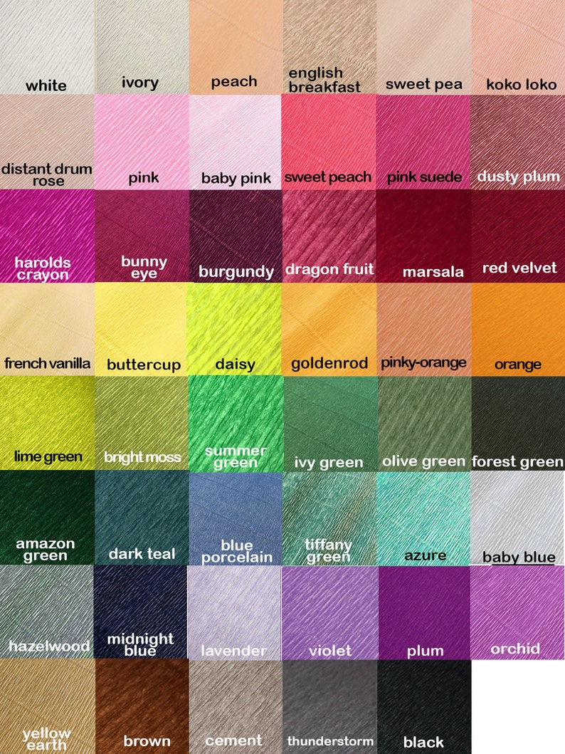 May include: A color chart with 48 different shades of paint, including white, ivory, peach, pink, baby pink, sweet peach, dusty plum, burgundy, dragon fruit, marsala, red velvet, french vanilla, buttercup, daisy, goldenrod, pinky-orange, orange, lime green, bright moss, summer green, ivy green, olive green, forest green, amazon green, dark teal, blue porcelain, tiffany green, azure, baby blue, hazelwood, midnight blue, lavender, violet, plum, orchid, yellow earth, brown, cement, thunderstorm, and black.