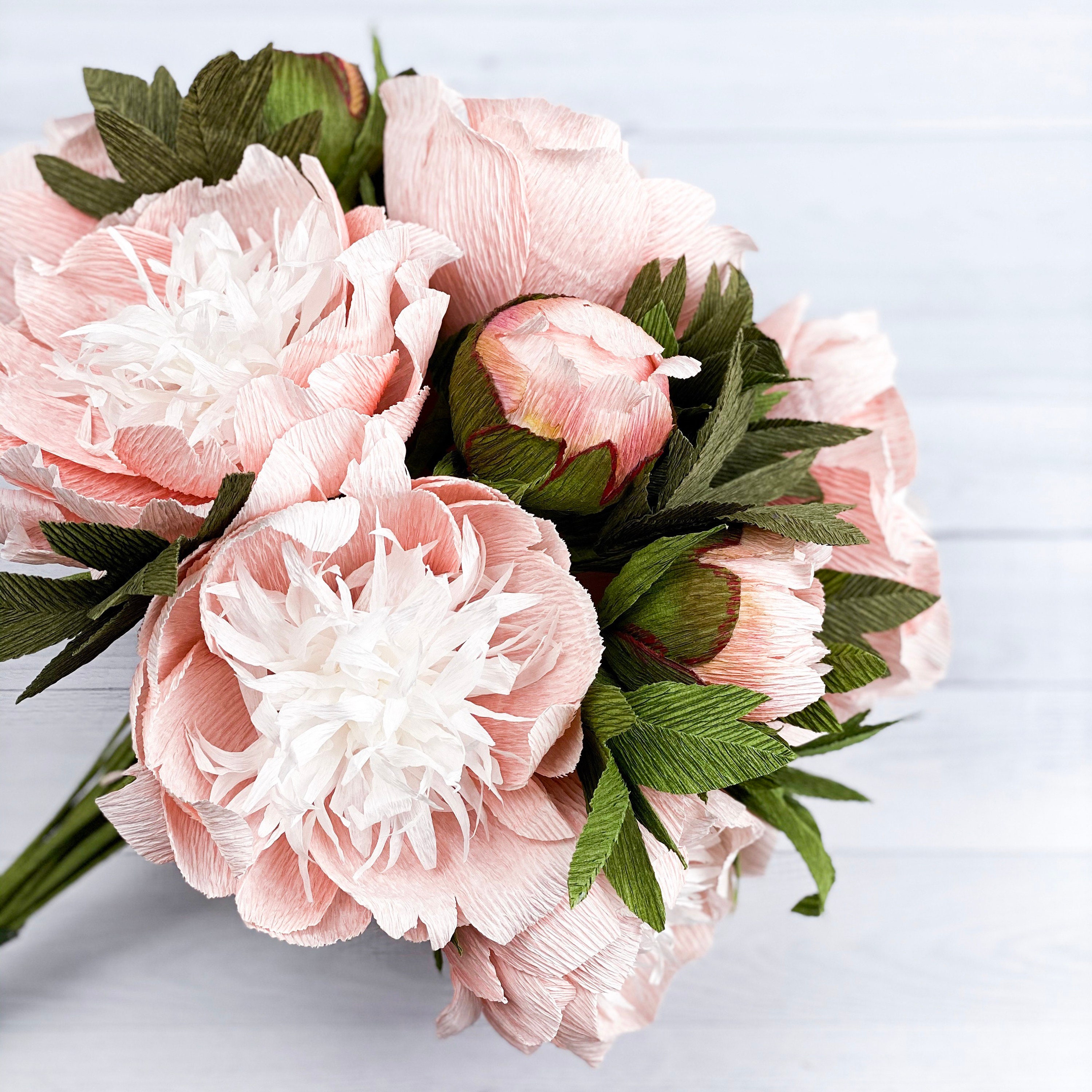 Coral and White Paper Flowers Bouquet Arrangement of Peony and Garden Rose,  Wedding Bridal Bouquet, 1st Anniversary Gift, 