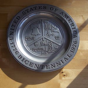 Vintage Bicentennial Pewter Plate - Vintage 1970s Seventies - Retro Kitchenware - 1776 - 1976 Liberty Bell Civil War Apollo 11 Moon Landing