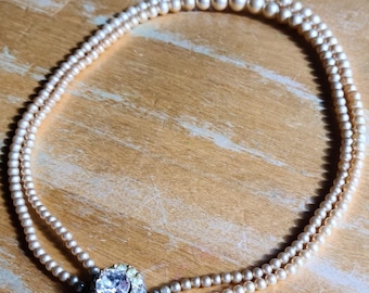 Vintage Double Strand Faux Pearl and Crystal Clasp Necklace - Vintage Retro Jewelry 1930s to 1950s