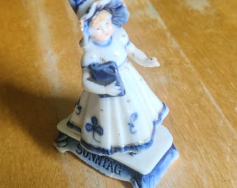Vintage Porcelain Blue and White Sonntag Girl with Book Figurine
