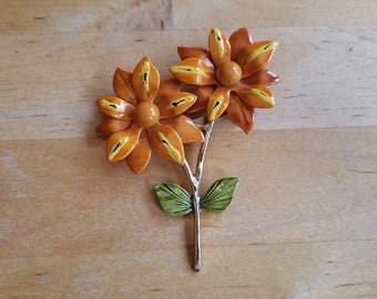 Vintage Orange and Yellow Enamel Flower Pin - Gold Tone - 1960s Jewelry - Flower Pin - Flower Jewelry - Vintage Retro Jewelry