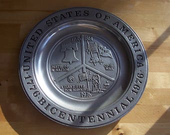 Vintage Bicentennial Pewter Plate - Vintage 1970s Seventies - Retro Kitchenware - 1776 - 1976 Liberty Bell Civil War Apollo 11 Moon Landing
