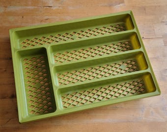 Vintage 1960s or 1970s Pea Green Cutlery Tray for Forks, Spoons, and Knives and Kitchen Utensils