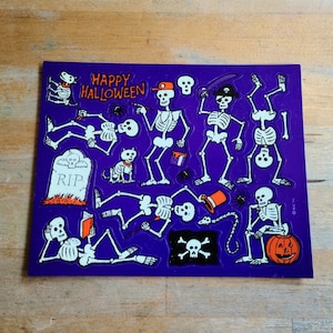 Vintage Skeleton Stickers - Glow in the Dark on Purple Background - American Greetings 1980s/1990s