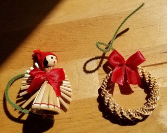 Vintage Straw Folk Angel and Wreath  Ornament Set - Scandinavian Folk Art - Folk Art Vintage Christmas Tree Ornament - Byers Choice