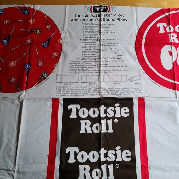 Vintage Tootsie Pop and Tootsie Roll Pillow Fabric Panel - by Cranston - Tootsie Roll Fabric - Out of Print - Cotton