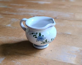 Vintage Ceramic Miniature Pitcher Knick Knack White with Blue Flowers -