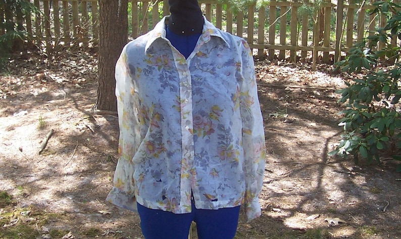 70s 1970s 60s 1960s Vintage Sheer Floral Button Up Blouse Butterfly Collar Long Sleeve Nylon Shirt Pink Yellow White Floral shirt