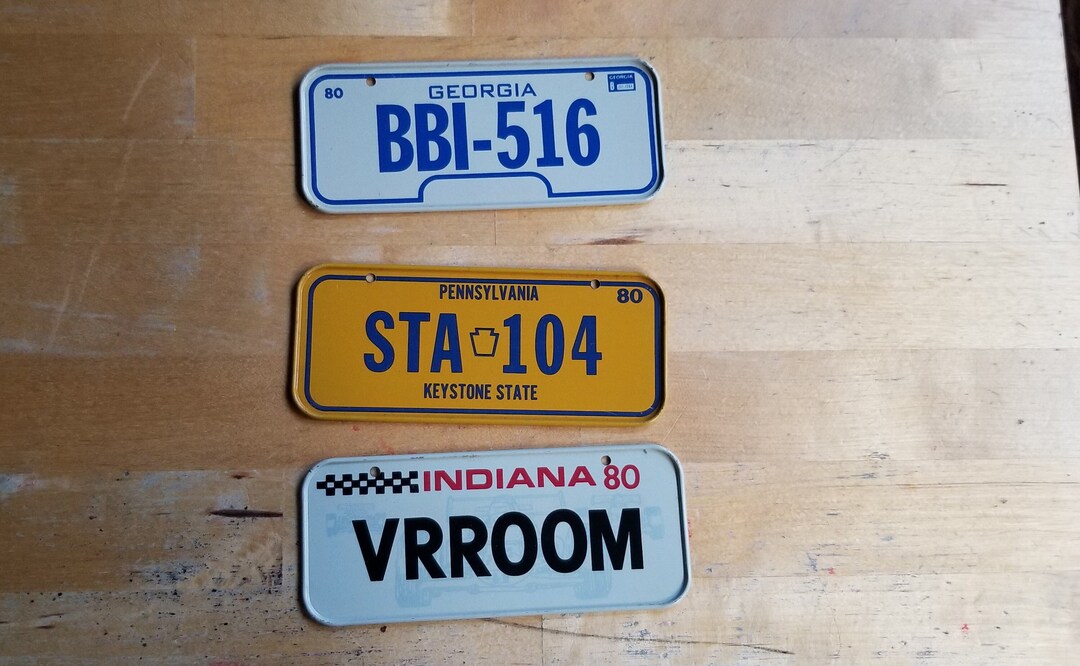 Vintage Post Cereal Metal License Plates 1980 Indiana, Pennsylvania 1980s Cereal