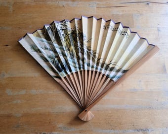 Vintage Chinese Tiger Folding Fan, Bamboo and Paper, Hanzi Writing