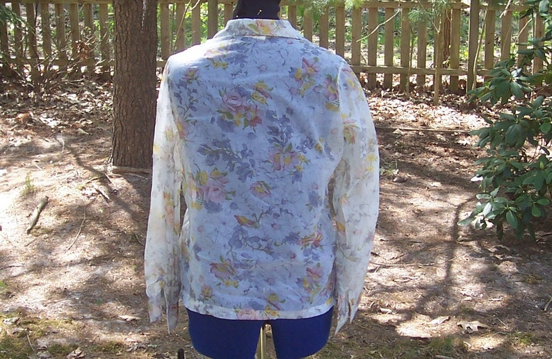 70s 1970s 60s 1960s Vintage Sheer Floral Button Up Blouse Butterfly Collar Long Sleeve Nylon Shirt Pink Yellow White Floral shirt