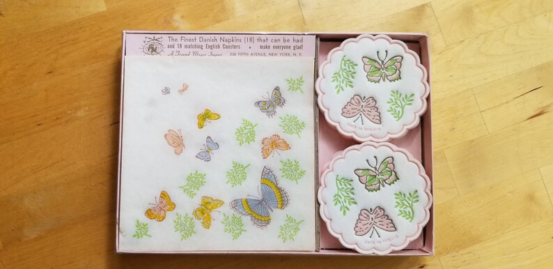 Tea Party Napkins 60s 1960s Seventies Vintage Freund Mayer Butterfly Napkins and Coaster Vintage Party Goods Retro