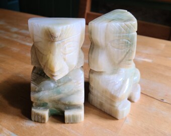 Vintage Carved Green Onyx Stone Mexican Aztec Bookends Pair