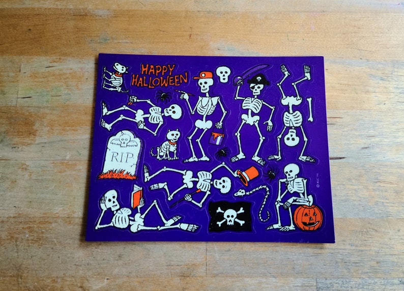 Vintage Skeleton Stickers Glow in the Dark on Purple Background American Greetings 1980s/1990s image 1