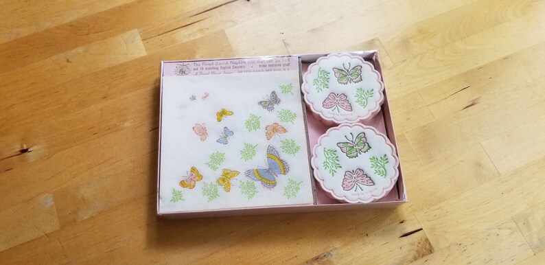 Tea Party Napkins 60s 1960s Seventies Vintage Freund Mayer Butterfly Napkins and Coaster Vintage Party Goods Retro