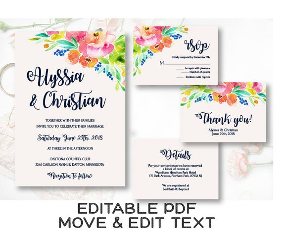 Simple Wedding Invitation Template Watercolor Flower Etsy