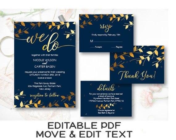 navy blue gold wedding invitation template navy we do wedding etsy