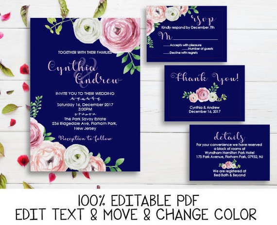 navy blue pink wedding invitation printable peony wedding etsy