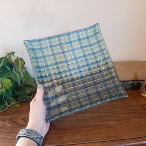 Handmade Fused Glass Plate | Iridescent Blue & Green Checkered Design | Plaid Serving Platter