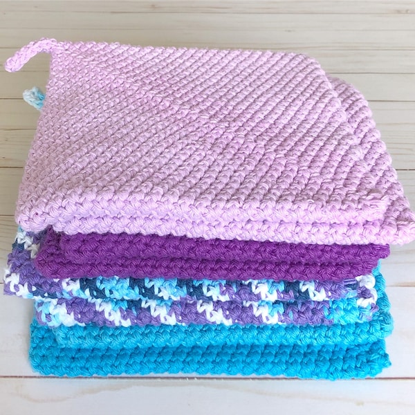 Crochet Potholder Pairs, Purple Blue Cool Theme Potholders, Cotton Potholders, Vintage Crochet Pattern