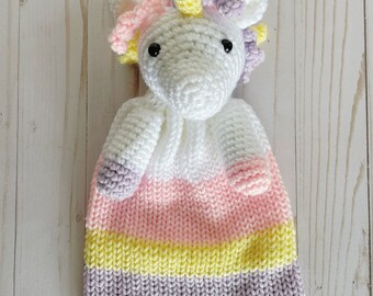 Unicorn Lovey, Crochet Stuffed Animal with Baby Blanket, Unicorn Stuffed Animal