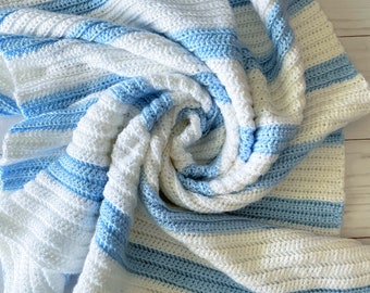 Blue and White Stripe Baby Blanket, Crochet Baby Blanket, Baby Boy Blanket