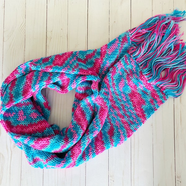 Knit Scarf, Hot Pink and Blue Scarf, Warm Winter Scarves