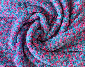 Pink and Blue Crochet Blanket, Mermaid Theme Throw Blanket, Warm and Thick Crochet Blanket