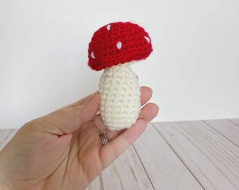 Toadstool Mushroom Plushie - Mini, Crochet Stuffed Plushie, Desk Pet, Car Charm, Ornament, Keychain