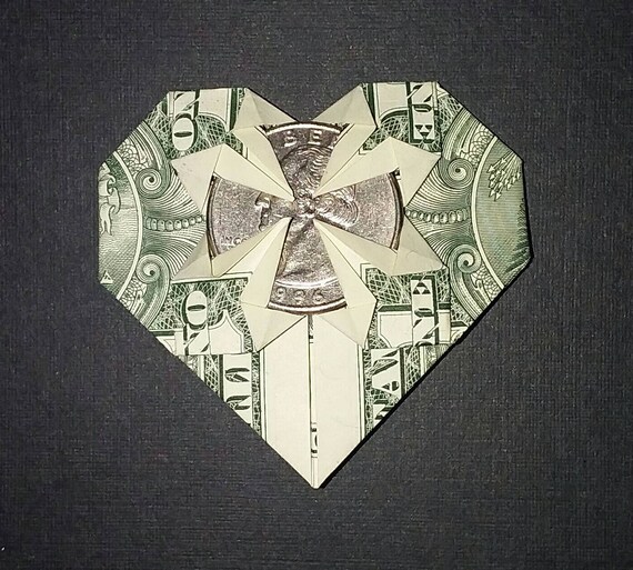 Dollar Bill Origami Love Money Heart W Quarter Gift