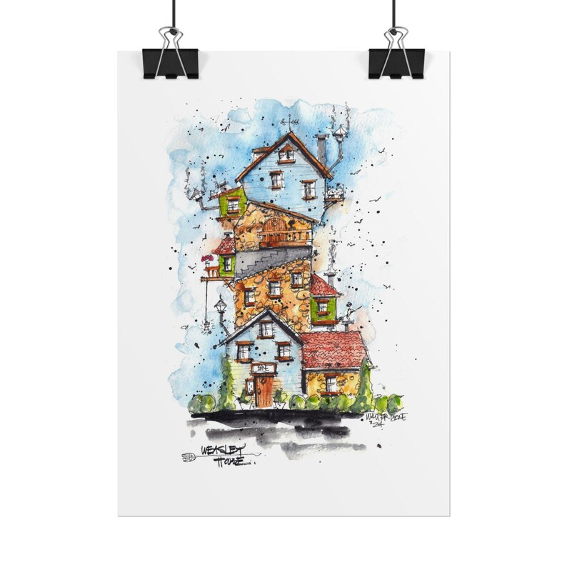Watercolor Stacked Houses Rolled Poster | Architectural Art Print - Etsy