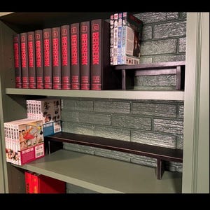 May include: A green bookshelf displays a collection of manga and graphic novels. The top shelf holds a series of dark-colored books labeled "BERSERK" in red lettering. Below, stacks of manga and graphic novels are visible, with a small shelf in the middle.