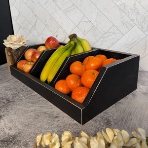 Rustic Farmhouse Produce Bin, Black Solid Wood Fruit Bowl, Stained Freestanding Vegetable Holder, Sturdy Elegant Harvest Crate