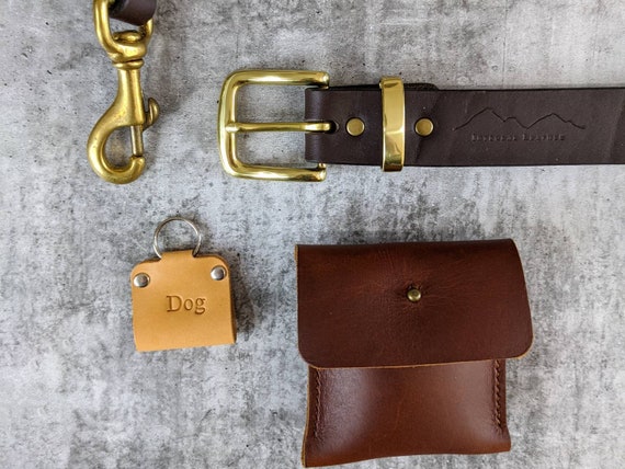 Leash Collar Bag Name Tag Splitter Chestnut Leather Two Dogs Set Pack Matching Gift