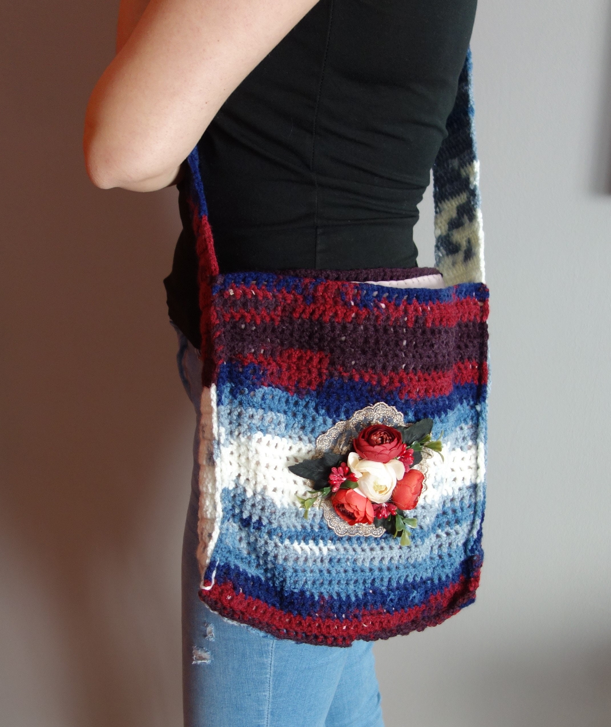 Women's Crossbody Bag Flowers Tote Bag Crochet Shoulder Purse Crochet