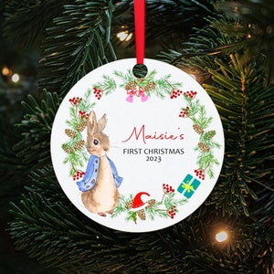 Personalised Babys first Christmas Bauble White Wood 1st Christmas Baubles Xmas Tree Decorations with Any Name Wood Hanging Ornaments