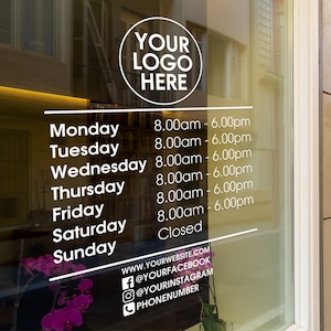 Horarios de apertura de negocios personalizados con calcomanía de escaparate con logotipo, pegatina de escaparate, pegatina comercial, calcomanía de vinilo con logotipo comercial, hecha en el Reino Unido