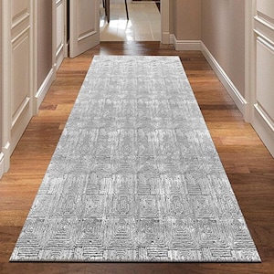 Modern Gray Line Pattern Runner Rug with Anti Slip Backing, Long Narrow Carpet for Entryway or Indoor Hall Spaces, DM952730R