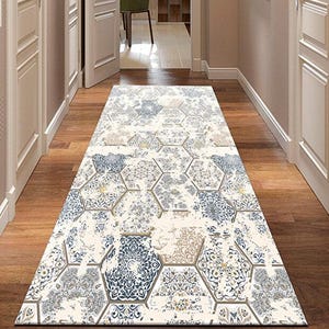 May include: A hallway runner rug with a repeating hexagonal pattern in shades of blue, beige, and gray. The rug is placed on a wooden floor, and the hallway has white doors and walls.