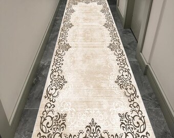Beige Hallway Runner Rug Non Slip Washable Traditional Floral Long Carpet for Entryway Kitchen Bedroom, Vopteks-7744996688218