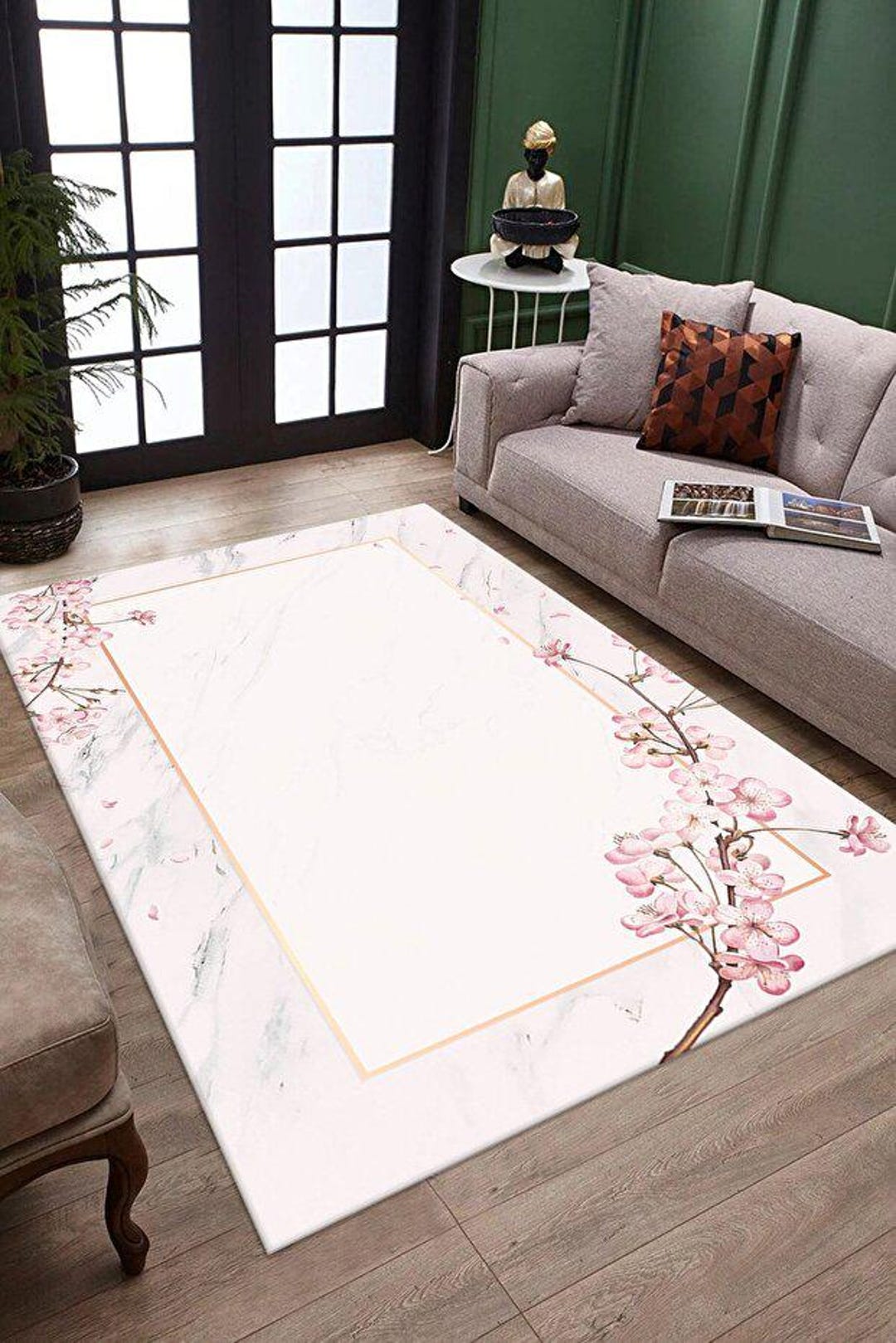 Cherry Blossom Floral Area Rug With Soft Pink Flowers | Elegant Non ...