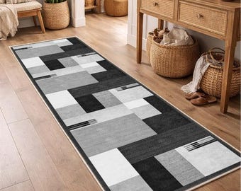 Non Slip Washable Hallway Runner Rug , Modern Grey Black Geometric Long Carpet for Entryway Kitchen Bedroom, Vopteks-2559687785708