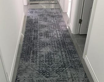 Modern Dark Grey Hallway Runner Rug Distressed Pattern Non Slip Floor Carpet for Entryway Bedroom Kitchen Decor, Vopteks-85968896887650