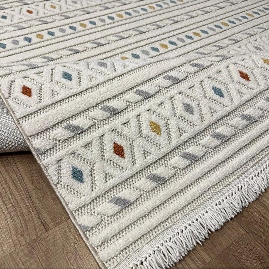 Cream Rug With Multicolor Diamond Pattern – Boho Fringe Carpet for ...